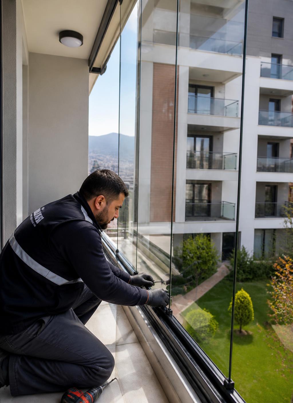 Técnico instalando painéis de vidro em sacada de apartamento